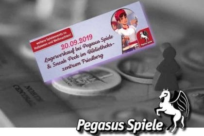 Der Verlag Pegasus Spiele veranstaltet am 20. September einen Lagerverkauf in Friedberg (Hessen). Grafik: Pegasus Spiele/ Foto: André Volkmann